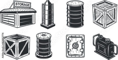 Collection of monochrome vector illustrations featuring various storage containers and crates for industrial and logistics applications