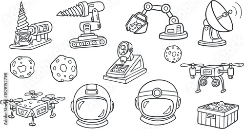 Collection of hand-drawn vector icons depicting space technology including drones, satellites, and astronaut equipment for educational and design projects