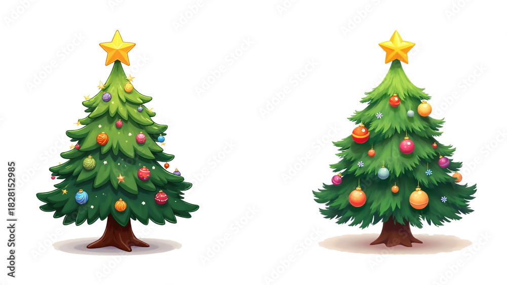 Fototapeta premium Cute Mini Christmas Tree with Ornaments and Star Topper in Glossy Decorative Holiday Illustration Style