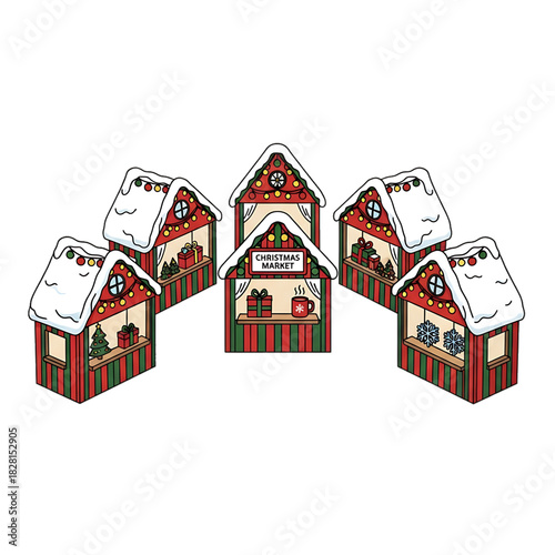 Snowy village market houses forming a festive row.