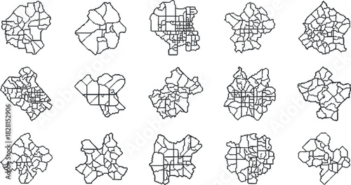 Geometric black and white vector illustration of abstract city maps in a collection for design and urban planning projects