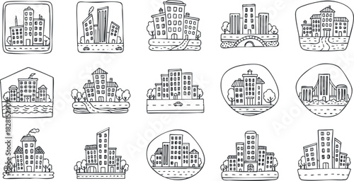 Outline vector illustration set of various urban buildings and cityscapes for design and branding projects