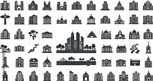 Collection of minimalist black and white vector icons showcasing various architectural buildings and city landscapes suitable for urban design projects
