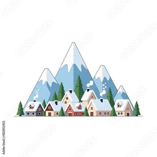 Winter mountain village with snowy peaks and small houses.