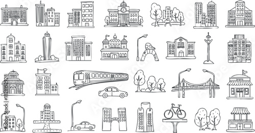 Hand-drawn vector illustration of diverse city buildings, landmarks, and urban elements for design and branding projects