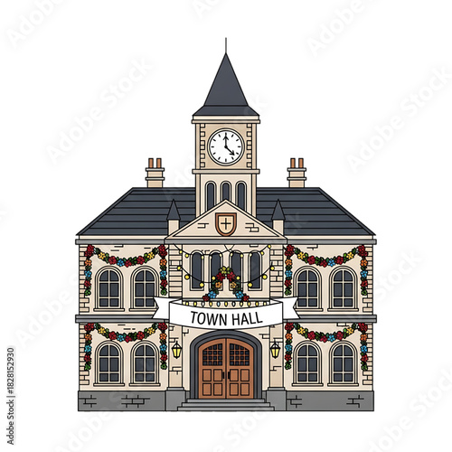 Large detailed snowy old building with tower and Christmas decor.
