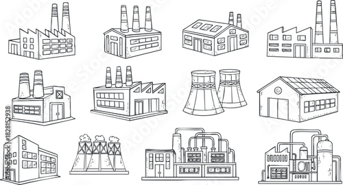 Hand-drawn outline vector collection of various factory buildings and industrial structures for engineering and design projects