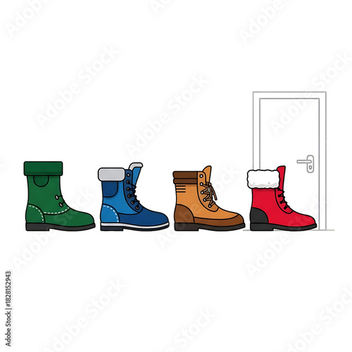 Row of winter boots near a door.