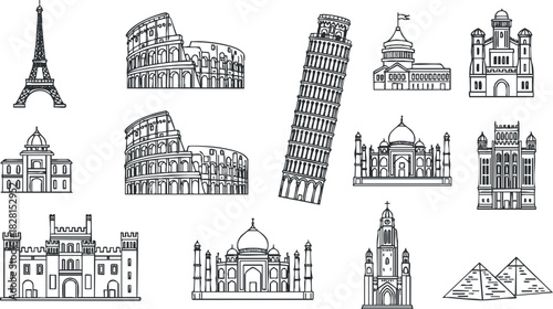 Outline vector illustration collection of famous world landmarks and architectural icons for travel-themed designs