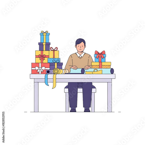 Person working at desk surrounded by wrapped gifts.
