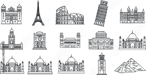 Collection of minimalist line art illustrations featuring famous landmarks like the Eiffel Tower and Taj Mahal for travel and design projects