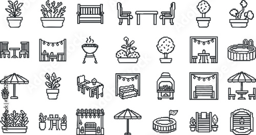 Collection of minimalist outline vector icons depicting outdoor furniture, plants, and recreational elements for landscaping and garden design