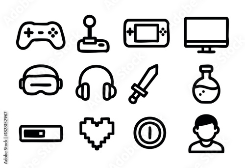 Set of gaming icons in simple bold-line style: game controller, joystick, handheld console, monitor, VR headset, headphones, sword, potion, progress bar, pixel heart, target, gamer avatar.