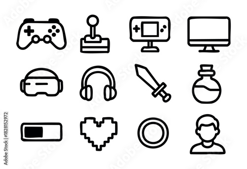 Set of gaming icons in simple bold-line style: game controller, joystick, handheld console, monitor, VR headset, headphones, sword, potion, progress bar, pixel heart, target, gamer avatar.