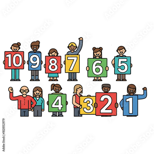 Kids holding colorful numbers in playful formation.