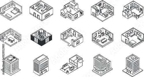 Isometric vector illustration set showcasing various building and interior designs for urban architecture projects