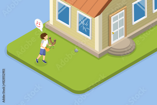 3D Isometric Flat Vector Illustration of Broken Window, Mischievous Boy Shatters Window With Slingshot