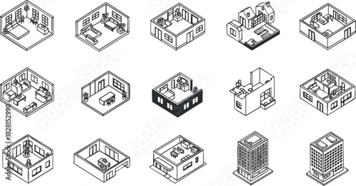 Geometric vector icon set featuring various building and room designs for architectural and real estate projects