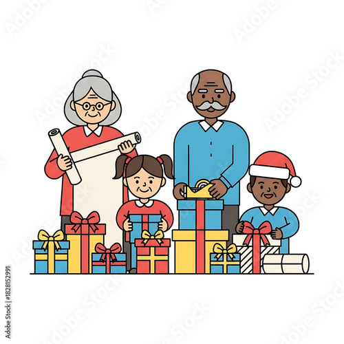 Family celebrating together with gifts around.