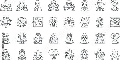 Collection of outline vector icons depicting diverse people, families, and cultural symbols for social and community themes