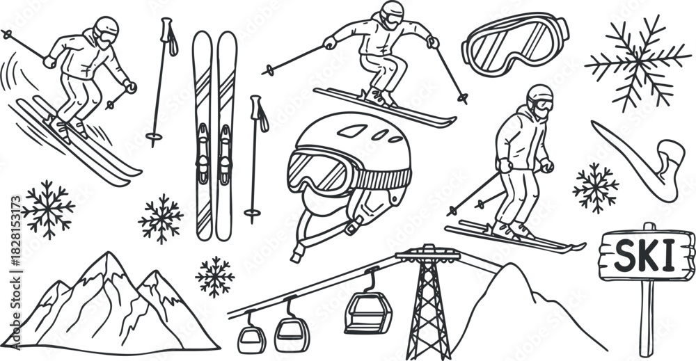 Obraz premium Line art vector illustration of skiing elements including skiers, snowflakes, mountains, and ski equipment for winter sports design.