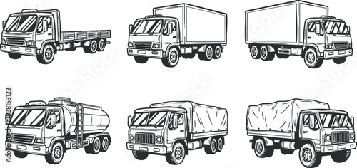 Set of six black and white vector illustrations of various truck types for transportation and logistics projects