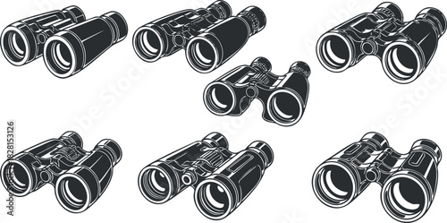 Vector illustration set of binoculars in a clean black and white style, ideal for outdoor and adventure themes.