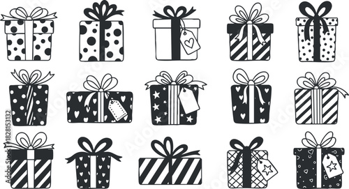 Hand-drawn black and white vector collection of gift boxes with various patterns and decorative ribbons for celebrations and events