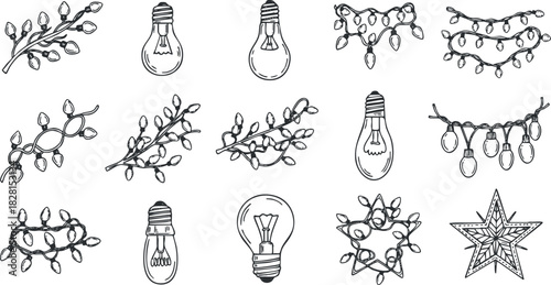 Hand-drawn vector collection of decorative string lights and bulbs for festive occasions and holiday celebrations