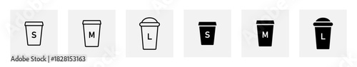 Coffee cup size icon set. Small, medium and large drink containers with minimalist lids vector illustration. Cafe beverage size markers for menus sign. Hot takeaway drink size indicator symbol.