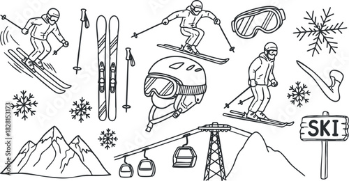 Line art vector illustration of skiing elements including skiers, snowflakes, mountains, and ski equipment for winter sports design.