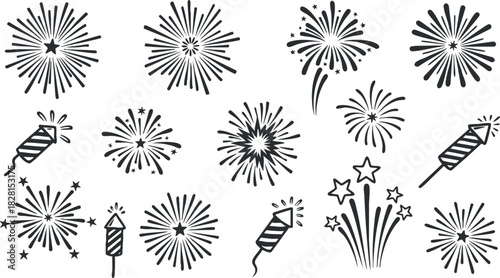 Vector icon set featuring various fireworks and firecrackers in a festive style for celebrations and event design.
