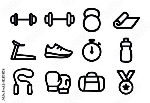 Set of fitness icons in simple bold-line style: dumbbells, kettlebell, yoga mat, treadmill, running shoe, stopwatch, water bottle, jump rope, boxing gloves, gym bag, medal.