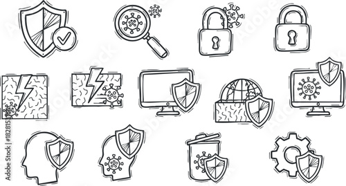 Hand-drawn vector icon set featuring security symbols such as shields, locks, and virus icons for digital protection themes