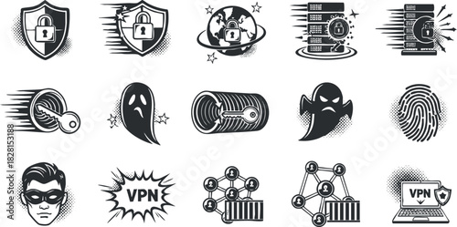 Vector icon set featuring cybersecurity elements including VPN, shields, ghosts, and fingerprint designs for technology concepts.