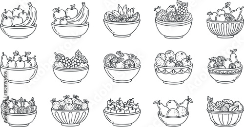 Outline vector illustration of various fruit and vegetable bowls, perfect for healthy eating and nutrition concepts.