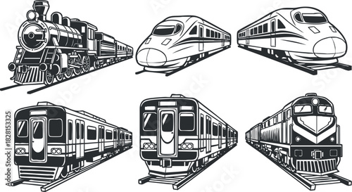 Collection of black and white vector illustrations featuring various types of trains, including vintage and modern designs for transportation concepts.