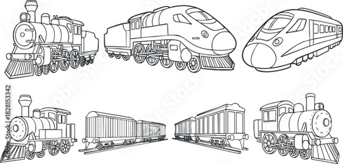 Outline vector illustration of various train types including steam locomotives and modern high-speed trains for educational and design use