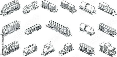 Isometric vector illustration set of various train cars and locomotives for transportation and logistics projects
