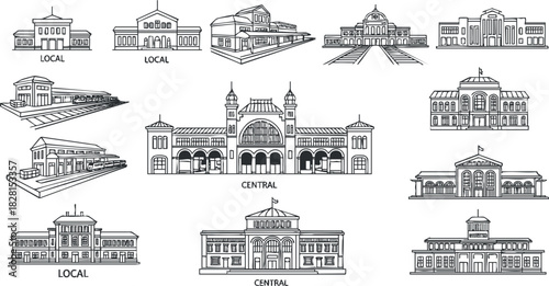 Outline vector illustration of various city buildings, featuring local and central architecture for urban design projects