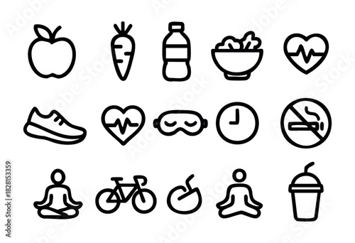 Set of healthy lifestyle icons in simple bold-line style: apple, carrot, water bottle, salad bowl, heart rate, running shoe, sleep mask, clock, no smoking, meditation, bicycle, smoothie.