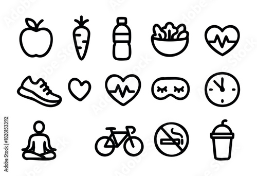Set of healthy lifestyle icons in simple bold-line style: apple, carrot, water bottle, salad bowl, heart rate, running shoe, sleep mask, clock, no smoking, meditation, bicycle, smoothie.