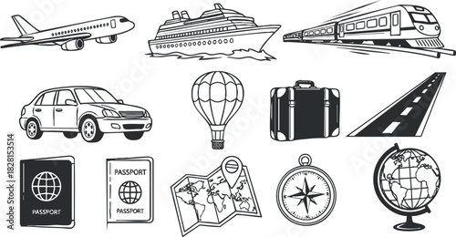 Vector illustration set of travel and transportation icons, featuring airplanes, trains, cars, and travel essentials for adventure planning