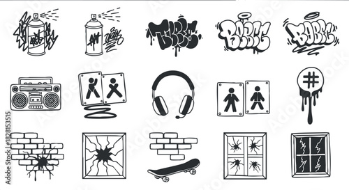 Stylized vector illustration set featuring graffiti elements, music icons, and urban themes for creative projects