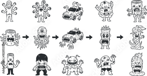 Playful vector illustration showing a series of whimsical monster characters in a fun comic style for creative projects