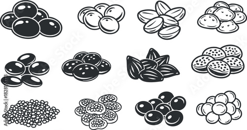 Minimalist black and white vector icon pack featuring various types of seeds and nuts for culinary and dietary designs