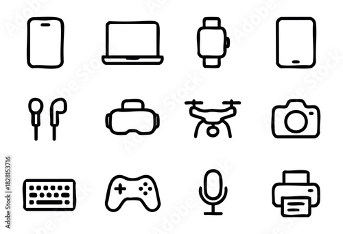 Set of modern gadget icons in simple bold-line style: smartphone, laptop, smartwatch, tablet, earphones, VR headset, drone, camera, keyboard, game controller, microphone, printer.