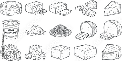 Hand-drawn vector illustration of various cheese types including vegan options, perfect for food-related projects and culinary designs