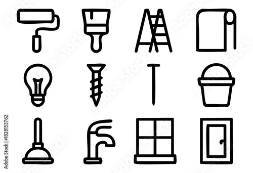 Set of home repair and DIY icons in simple bold-line style: paint roller, brush, ladder, wallpaper, light bulb, screw, nail, bucket, plunger, faucet, window, door.