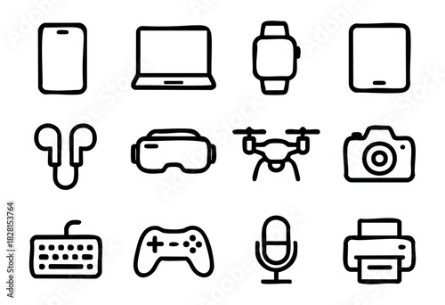 Set of modern gadget icons in simple bold-line style: smartphone, laptop, smartwatch, tablet, earphones, VR headset, drone, camera, keyboard, game controller, microphone, printer.